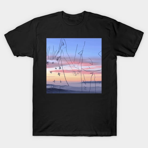 Minimalist romantic couple holding hands, pastel sunset rocky mountains covered cloud art print T-Shirt by Modern Art